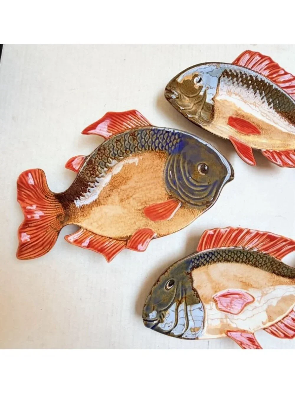 Pier 1 Imports Fish Ceramic Decorative 3 Serving Dishes Red Fin Beach Coastal